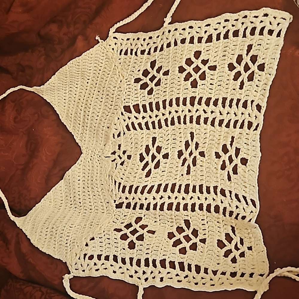 Hand Crafted Crochet Crop-Top Handmade Floral pattern Swim cover-up Cream #752 - Picture 10 of 17
